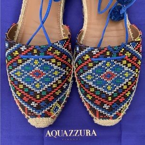 Aquazzura Belgravia Blue Suede Pom-Pom Rafia Embroidered Woven Espadrilles Flats
